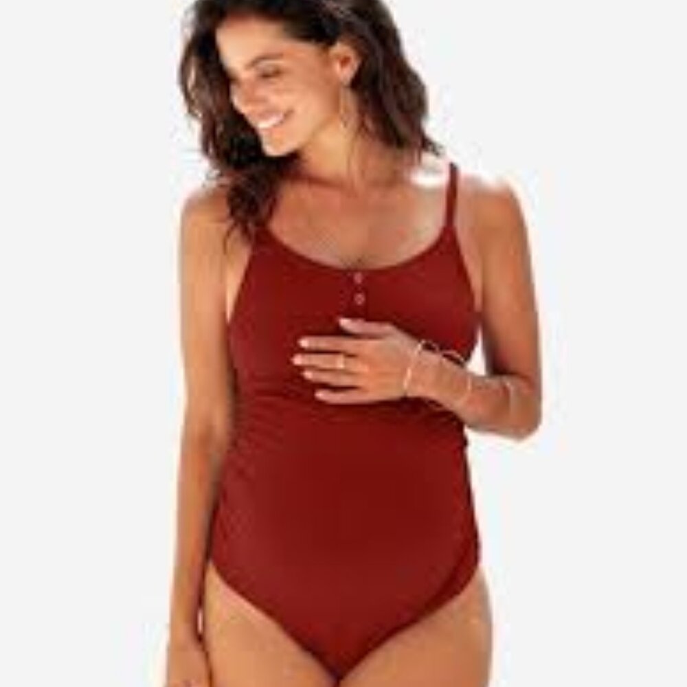 CUPSHE RUSTIC COPPER RIBBED CUTOUT BACK RUCHED MATERNITY SWIMSUIT SIZE LARGE NWT - Picture 2 of 8